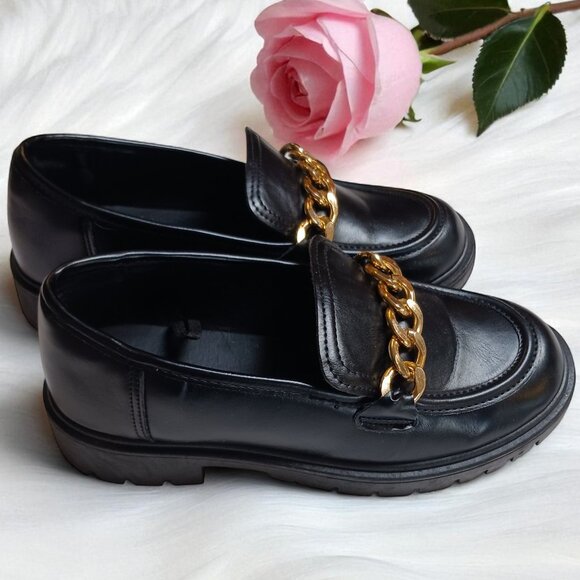 Streetwear Society Black Chunky Loafers Gold Chain Slip-On Lug  Heels Size 7 - Picture 3 of 12